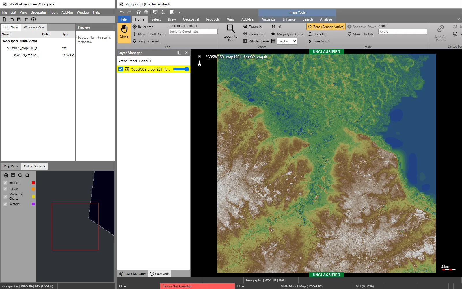 GIS Workbench workspace showing an SRTM elevation model rendered with colour relief, with the data view, map view and layer manager docked alongside.